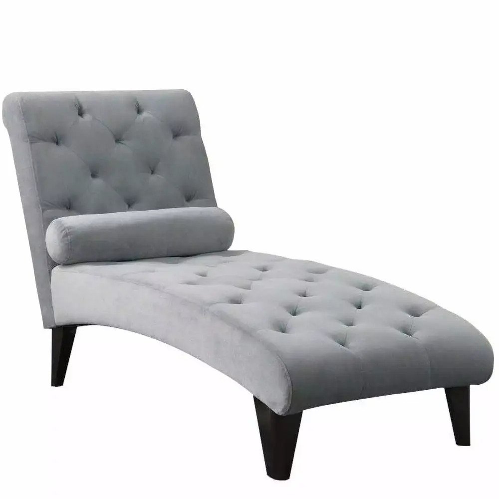 Natural Greige Tufted Chaise Lounge with Small Bolster Pillow Gray