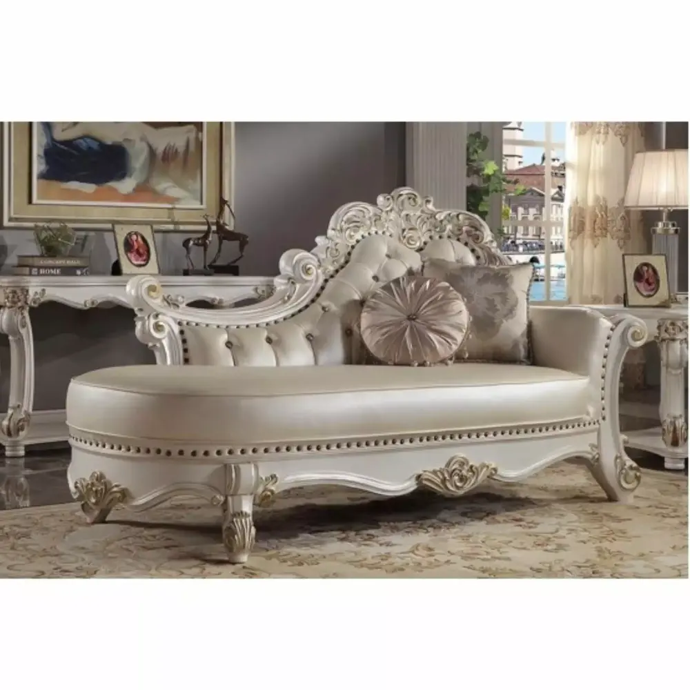 Acme Vendome Chaise with 2 Pillows Synthetic Leather and Antique Pearl Finish