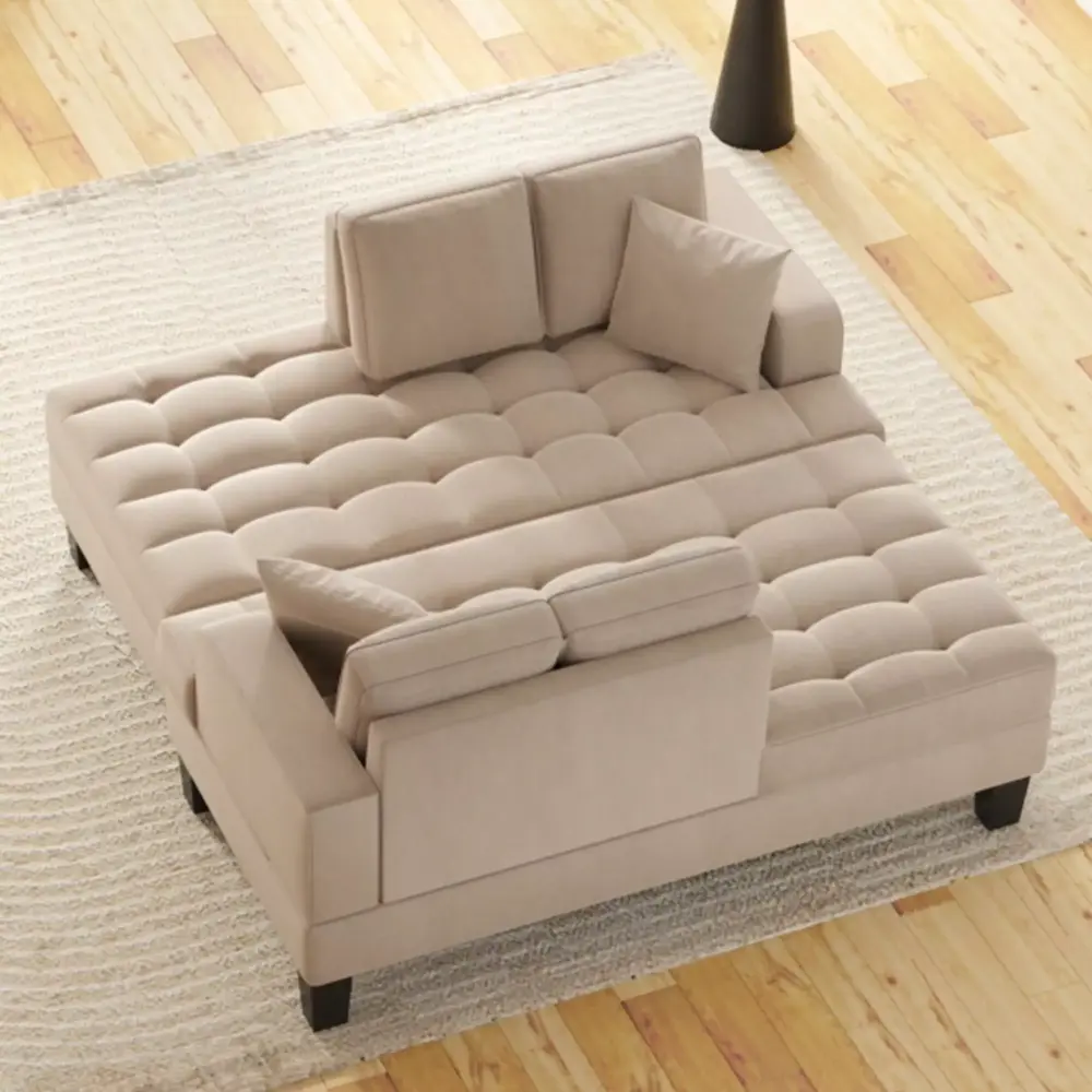 Deep Tufted Upholstered Textured Fabric 2 Pieces Chaise Lounge Set with Toss Pillows in Warm Grey