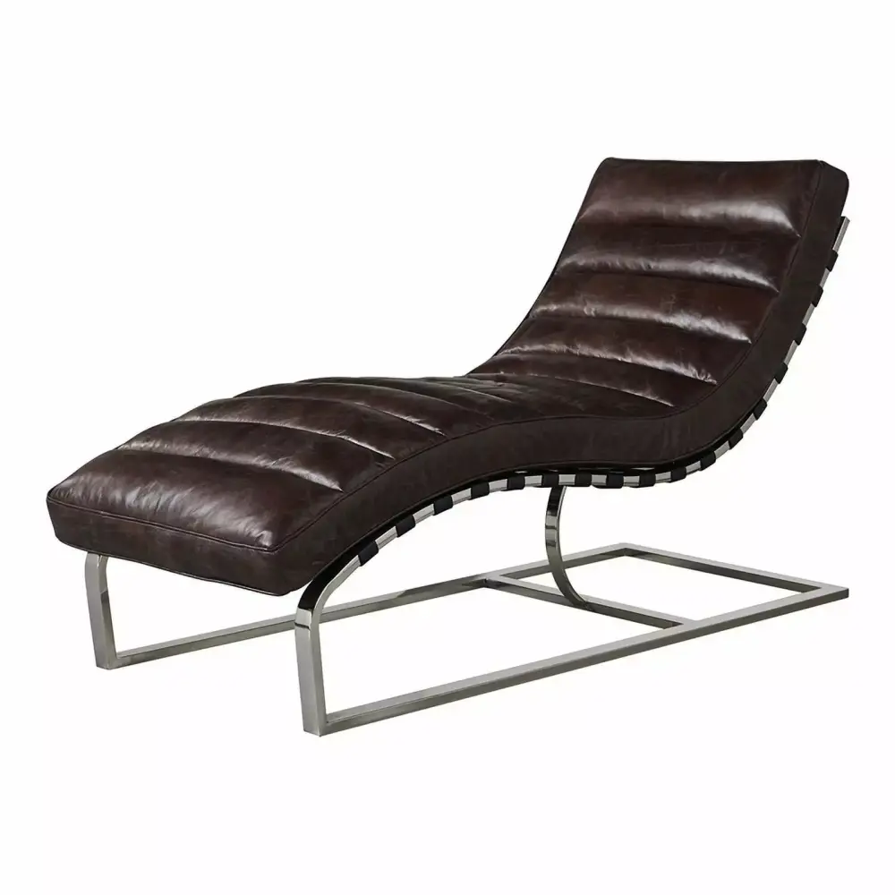 Crafters and Weavers Plano Channeled Leather Chaise Lounge with Steel Frame in Dark Brown