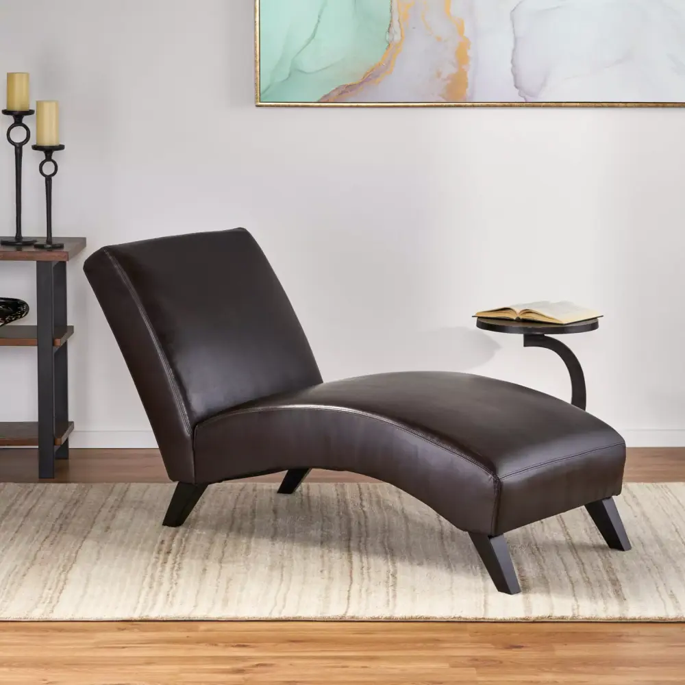 Noble House Finney Indoor Brown Upholstered Bonded Leather Chaise Lounge for Living Room