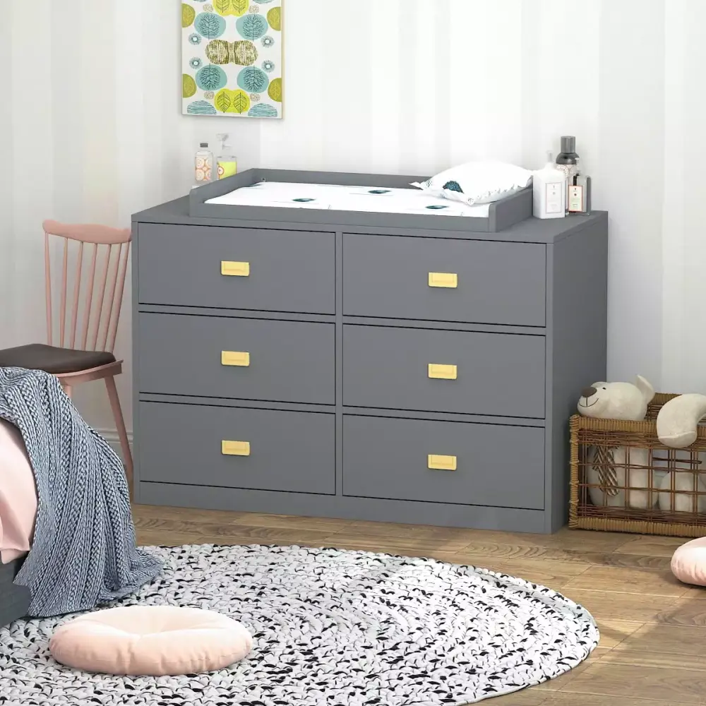 Baby 6 Drawer Dresser with Changing Top Storage Dresser for Nursery Bedroom Gray