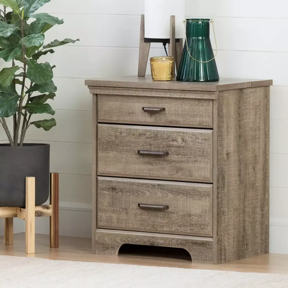 HomeStock French Country Nightstand with Charging Station and 3 Drawers in Weathered Oak