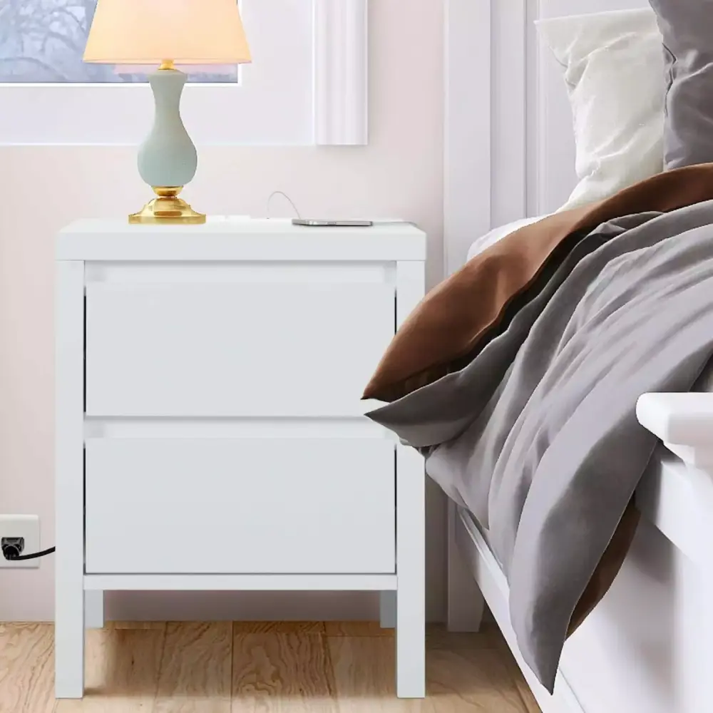 ENSTVER White Nightstand with Charging Station and USB Ports for Contemporary Bedrooms