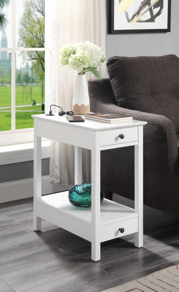 Byzad White Side Table with USB Charging Dock Modern Nightstand for Bedroom
