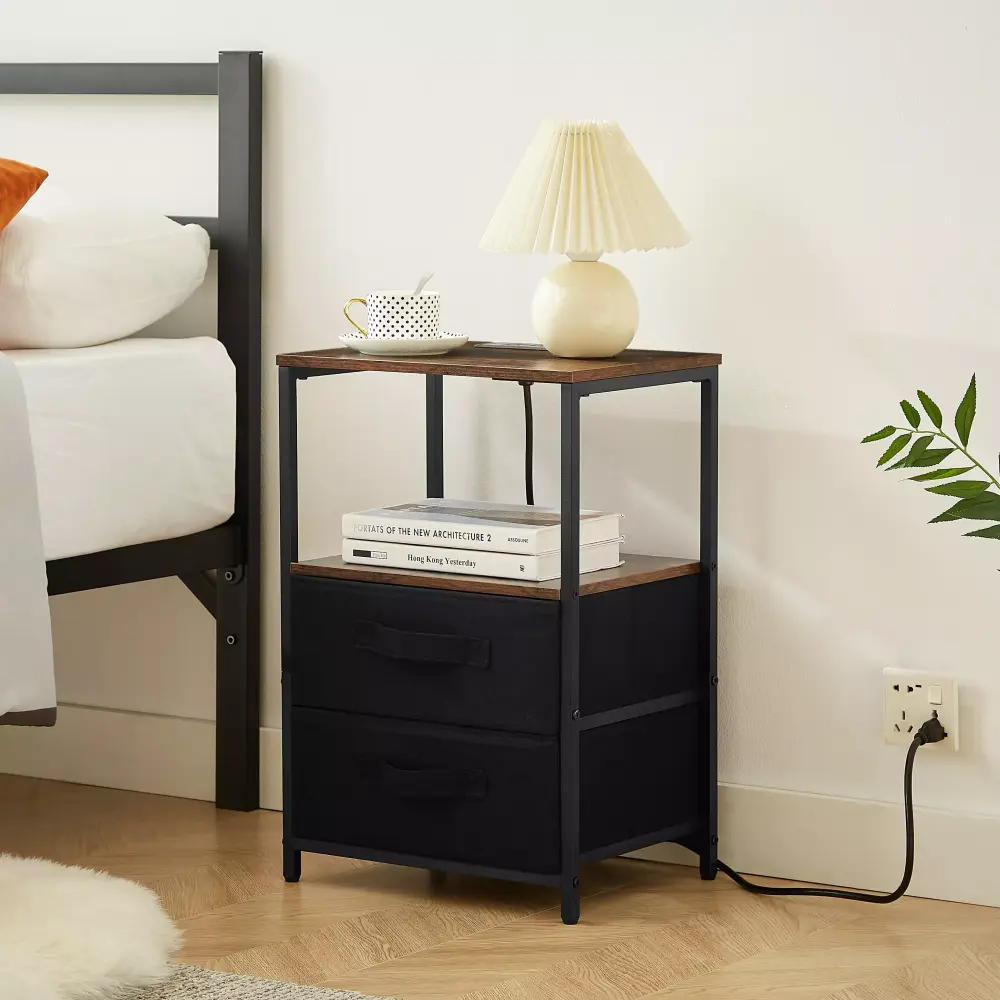 Office Sofa Cabinet with Charging Station USB Port Bedroom Nightstand Open Storage 2 Cloth Bag Drawers