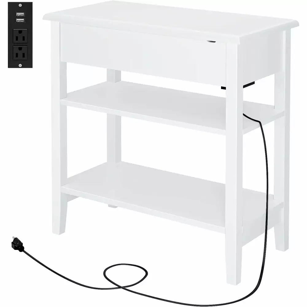 Bilot End Table with Charging Station 3 Tier Narrow Nightstand with USB Ports Power Outlets for Living Room Bedroom Office White