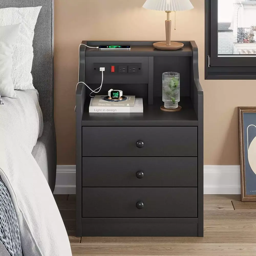 AMUZER Black Nightstand with Charging Station USB Ports Outlet Modern End Table Side Table with 3 Drawers and Hutch
