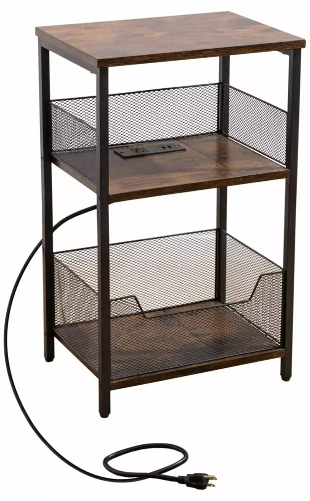 End Table with Charging Station and USB Ports 3-Tier Nightstand with Adjustable Shelf Narrow Side Table