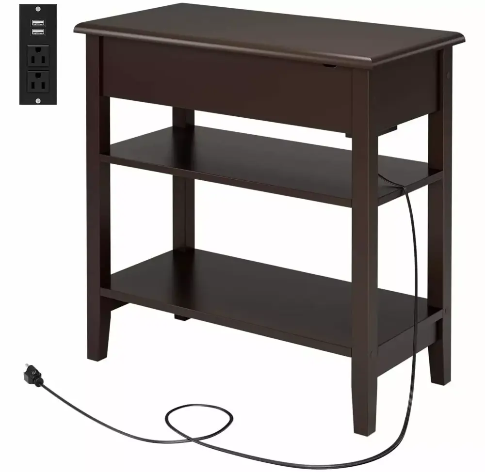 Lwory End Table with Charging Station 3 Tier Narrow Nightstand with USB Ports Dark Brown
