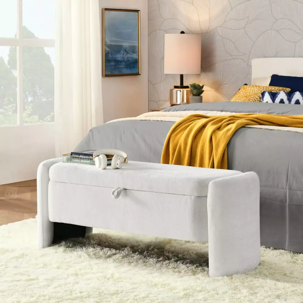 Cream White Chenille Storage Bench with High-Density Sponge for Comfort