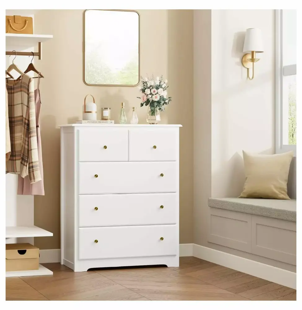 Ditangy 5 Drawer Tall Dresser Chest of Drawers with Deep Space White Wood Storage Cabinet for Living Room Office