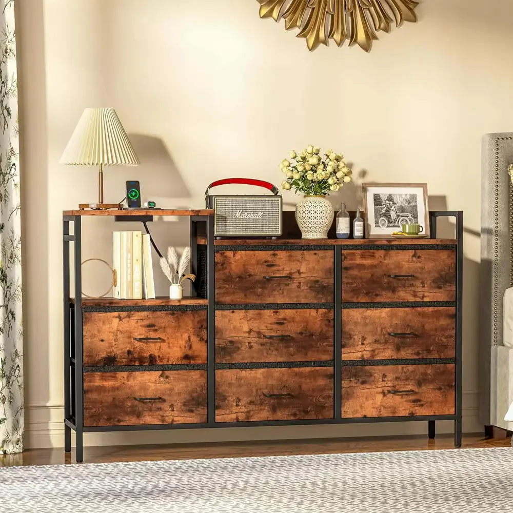 8 Drawer Dresser for Bedroom with Charging Station Wide Chest of Drawers Long Fabric Dresser TV Stand Storage Unit Rustic Brown