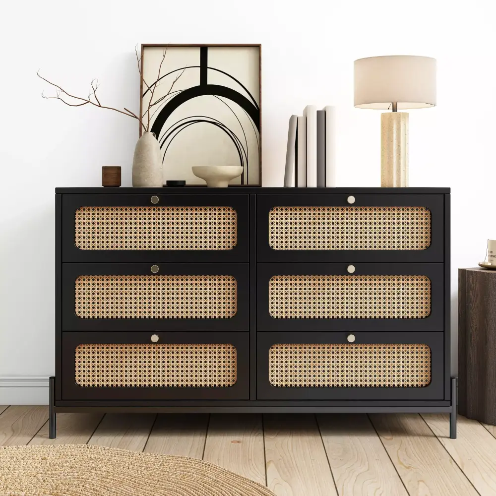 Al Fresco Modern 6-Drawer Accent Storage Cabinet - Wide Chest of Drawers with 3 Tier Wood Dresser in Black