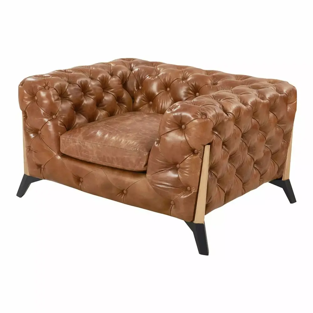 Crafters and Weavers Olivia Leather Tufted Chesterfield Arm Chair in Light Brown - Classic Living Room Seating