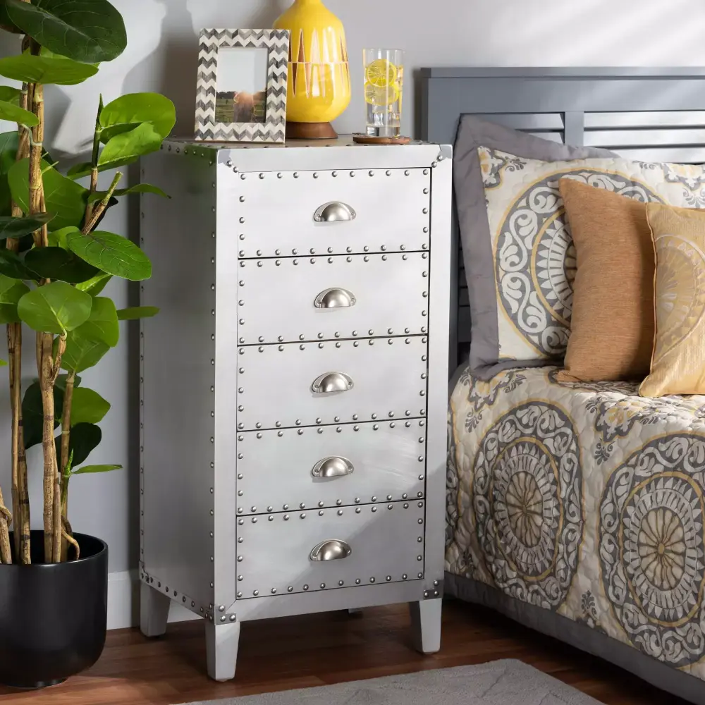 Baxton Studio Carel French Industrial Silver Metal 5-Drawer Accent Chest