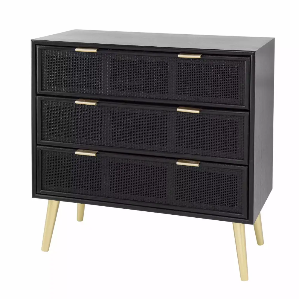 31 Inch Black Gold Woven Rattan Dresser Chest Cabinet with 3 Drawers Modern Design