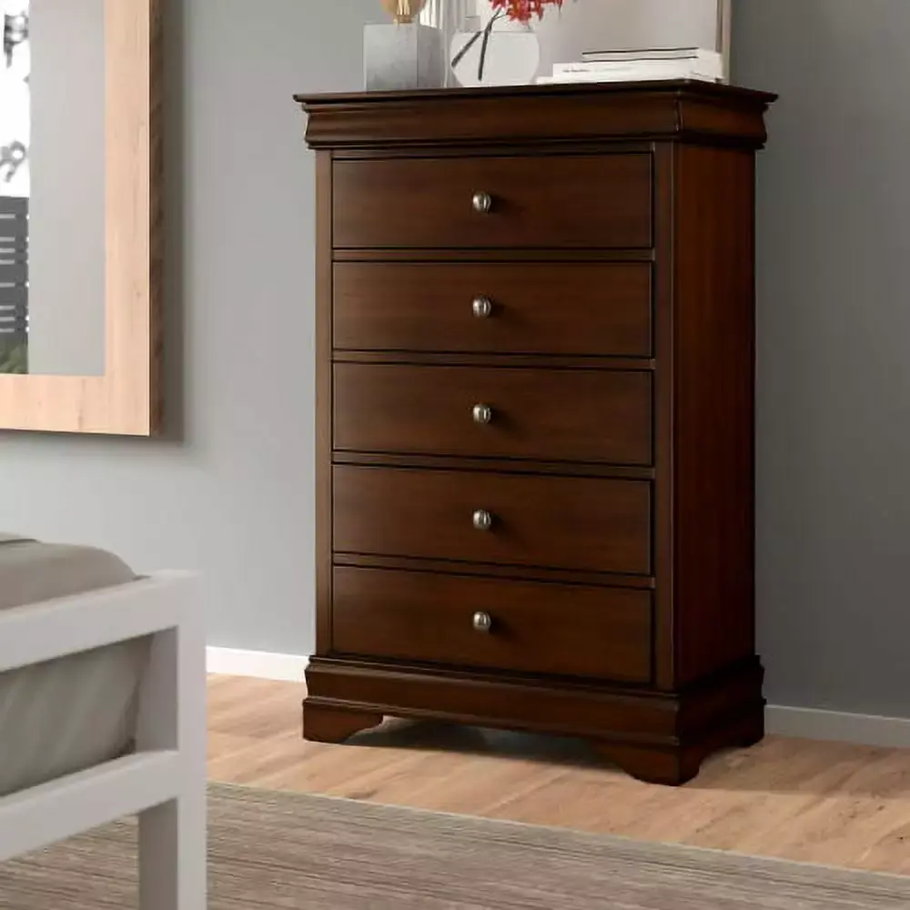 Louis Philippe Style Chest of 5 Drawers Modern Nightstand in Brown Cherry Finish