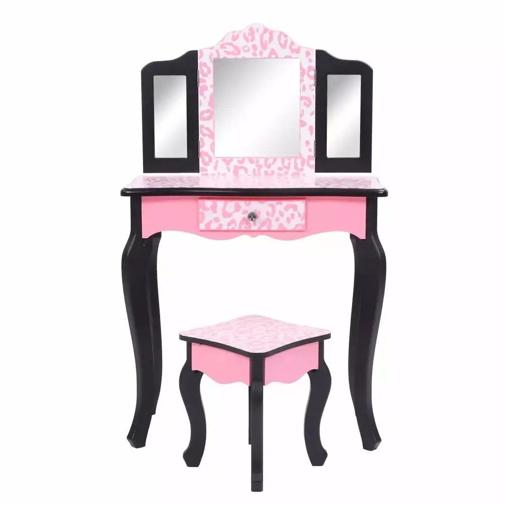 Bluethy Children Dresser with Three-Fold Mirror and Single Drawer - Red Leopard Print Arc Feet Design
