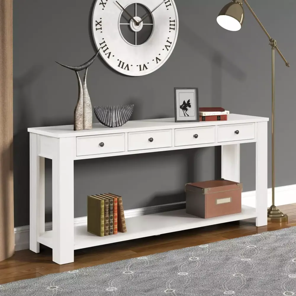 Classic Antique White Pine Wood Console Table 63 Inch Long with 4 Drawers for Living Room