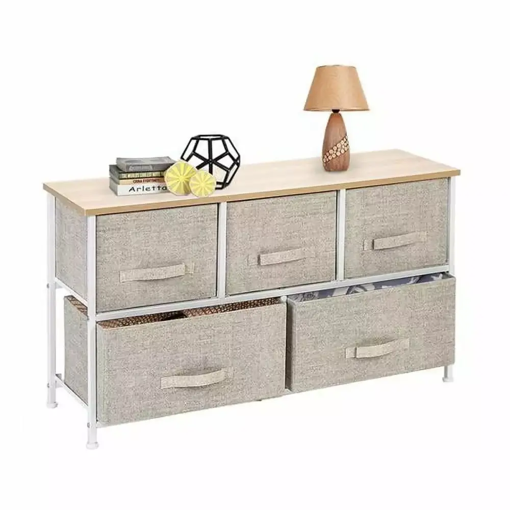 2-Tier Wide Closet Dresser Nursery Dresser Tower with 5 Easy Pull Fabric Drawers and Metal Frame