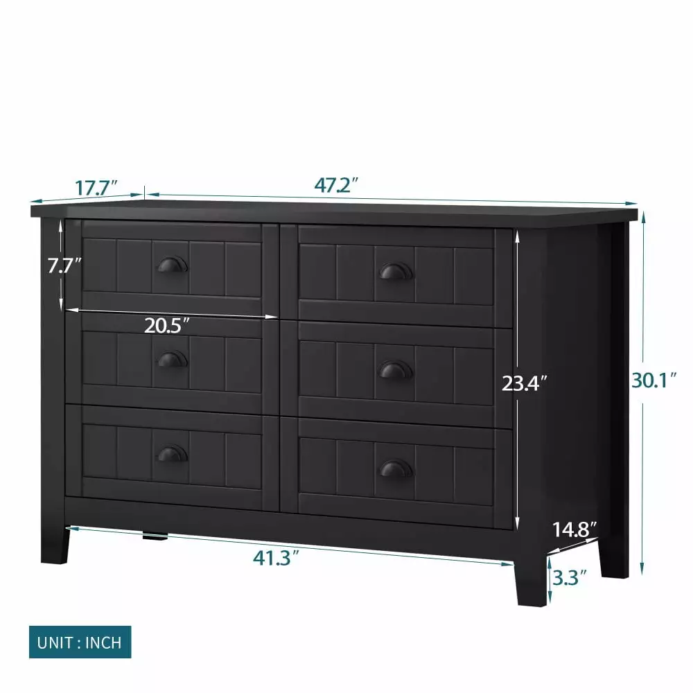 Hassch 6-Drawer Wood Dresser - Clothes Arranger Storage Cabinet in Black