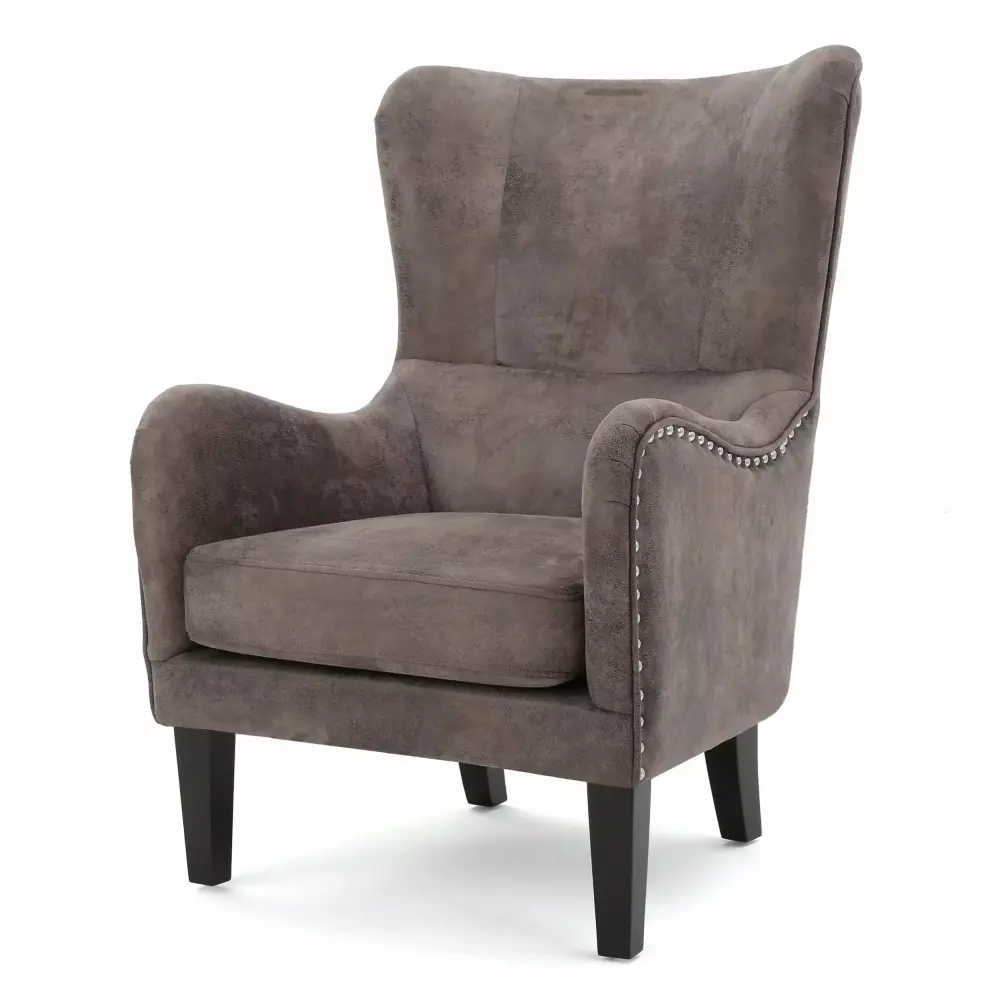 Salerno Contemporary Microfiber Wingback Club Chair with Nailhead Trim in Gray Brown