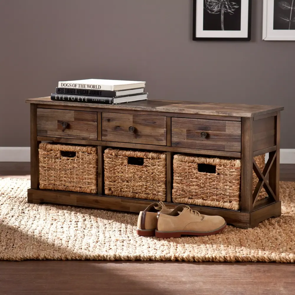 SEI Jatawn Coastal Antiqued Brown Storage Bench with Water Hyacinth Finish