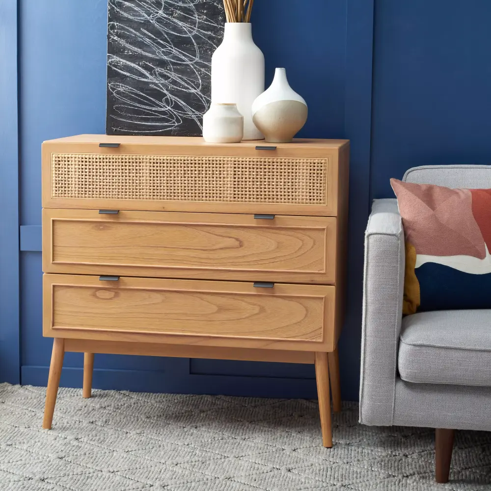 SAFAVIEH Baisley Coastal 3 Drawer Rattan Chest Natural 36 in W x 18 in D x 36 in H