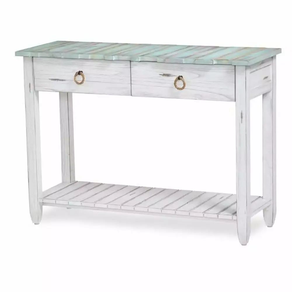 Sea Wind Florida Picket Fence Wood Console Table with Drawers in White and Blue