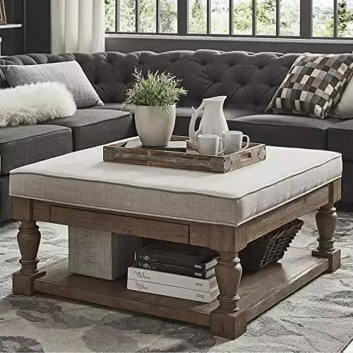 INSPIRE Q Lennon Baluster Pine Storage Tufted Cocktail Ottoman by Artisan Beige