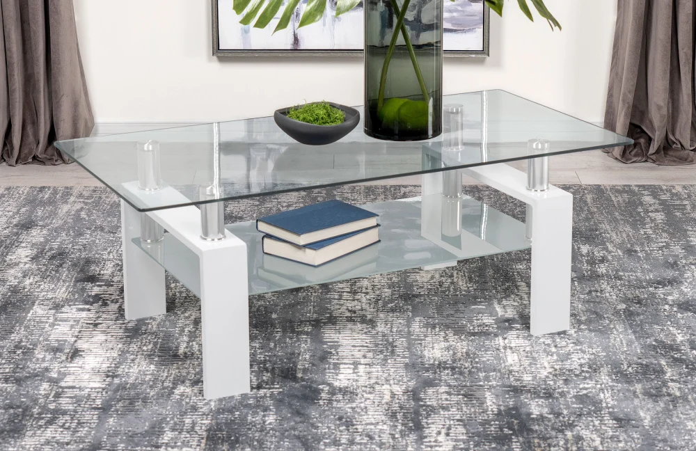 Dyer White Rectangular Glass Top Coffee Table with Shelf - Living Room Furniture