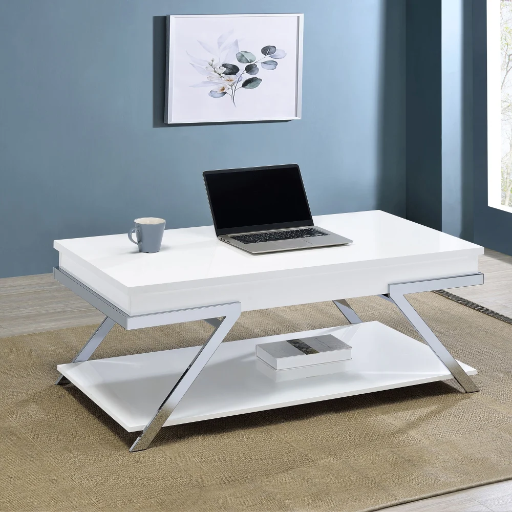 Marcia White High Gloss and Chrome Rectangular Lift Top Coffee Table