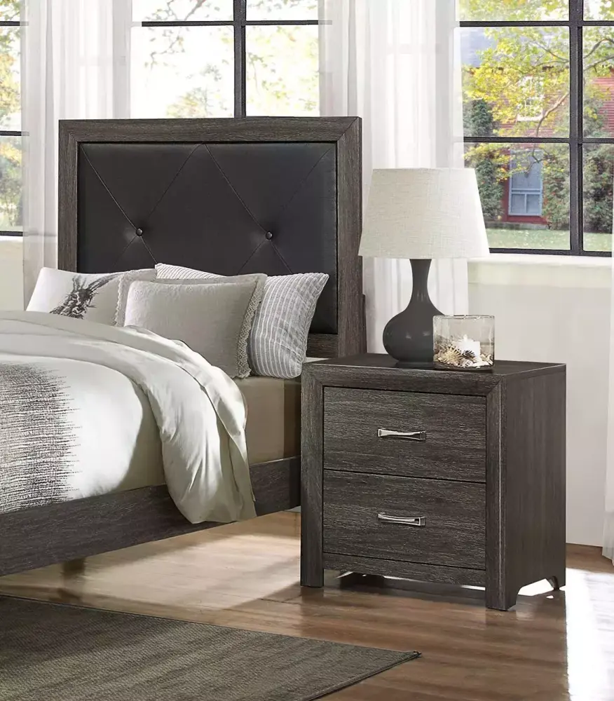 Contemporary Dark Gray 6pc Bedroom Set Twin Bed Two Nightstands Dresser Mirror Chest Upholstered Headboard