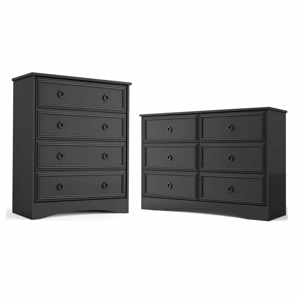 LGHM 2 Piece Bedroom Dresser Set with 6 Drawer Chest & 4 Drawer Dresser Black Living Room Storage