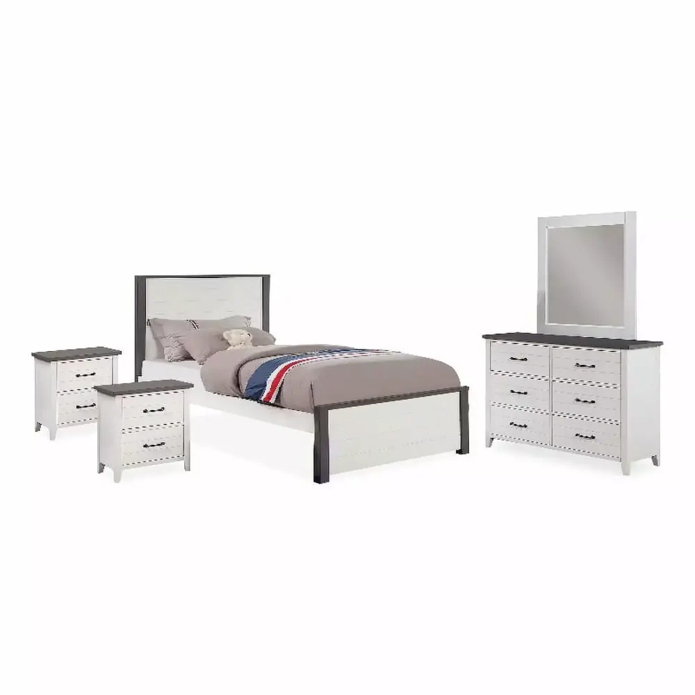 FOA Acres 5pc Wood White Bedroom Set with Full Bed 2 Nightstands Dresser and Mirror