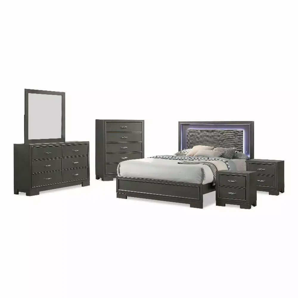 FOA Santi 6pc Gray Wood Bedroom Set - Queen Size with 2 Nightstands Chest Dresser Mirror