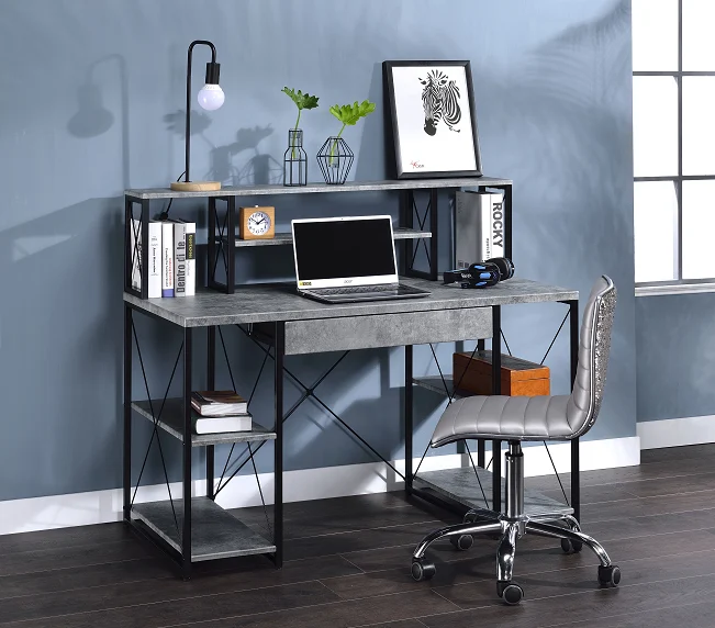 Amiel Faux Concrete & Black Desk - Industrial Style Work Desk with Metal Legs
