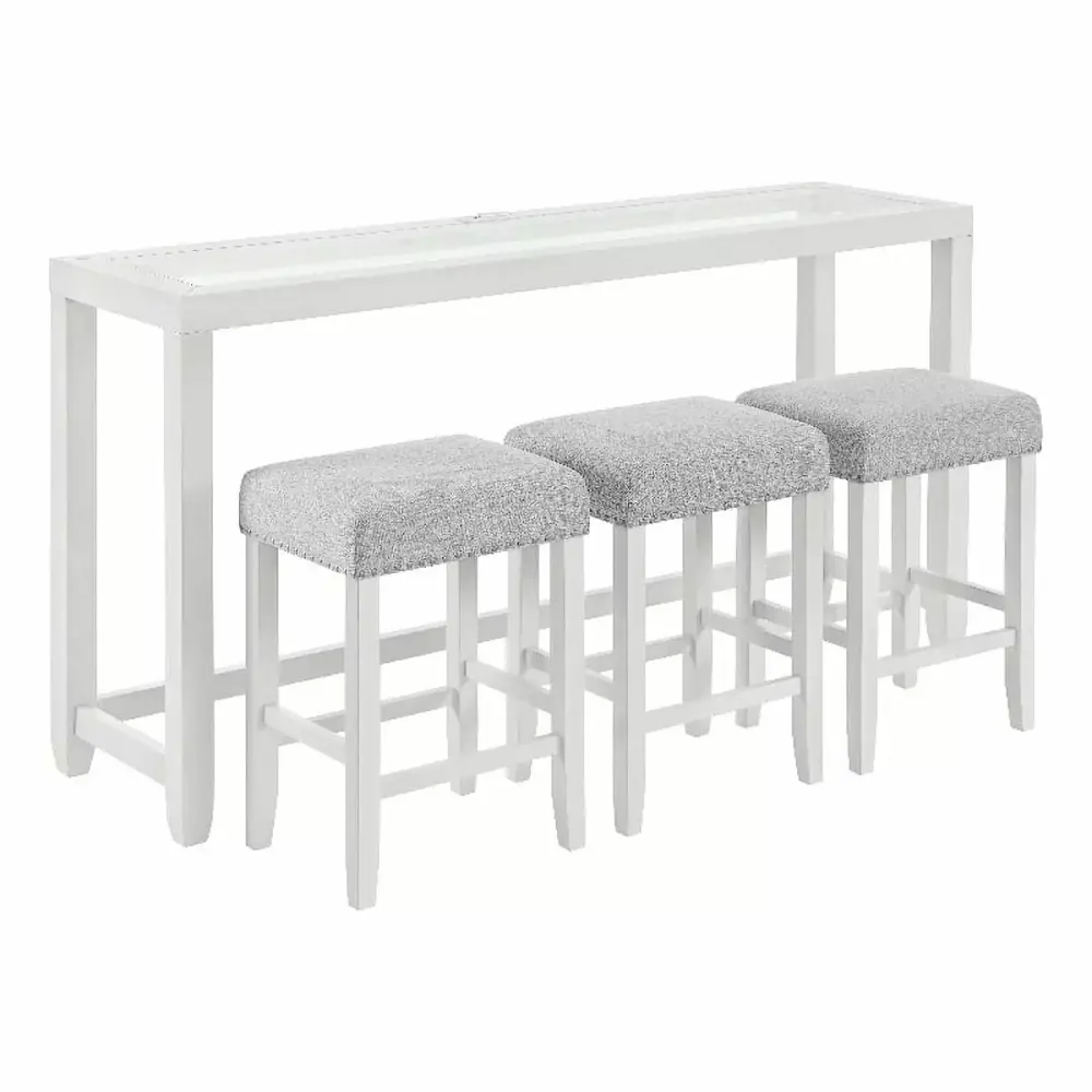 Cordero Wood and Glass Top White Console Bar Table with Power and Stools Set