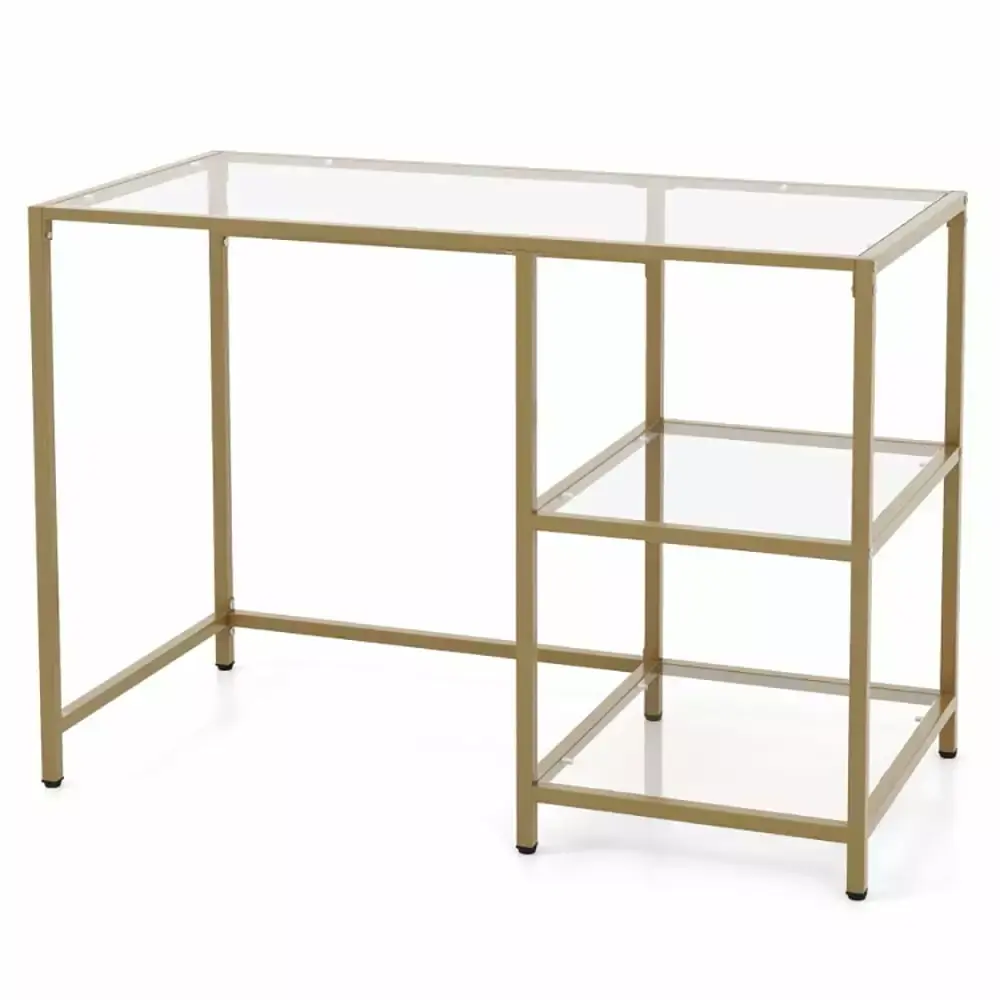 Kadyn Console Desk Table with 2 Open Shelves and Golden Metal Frame - Modern Multi-Purpose Display Table