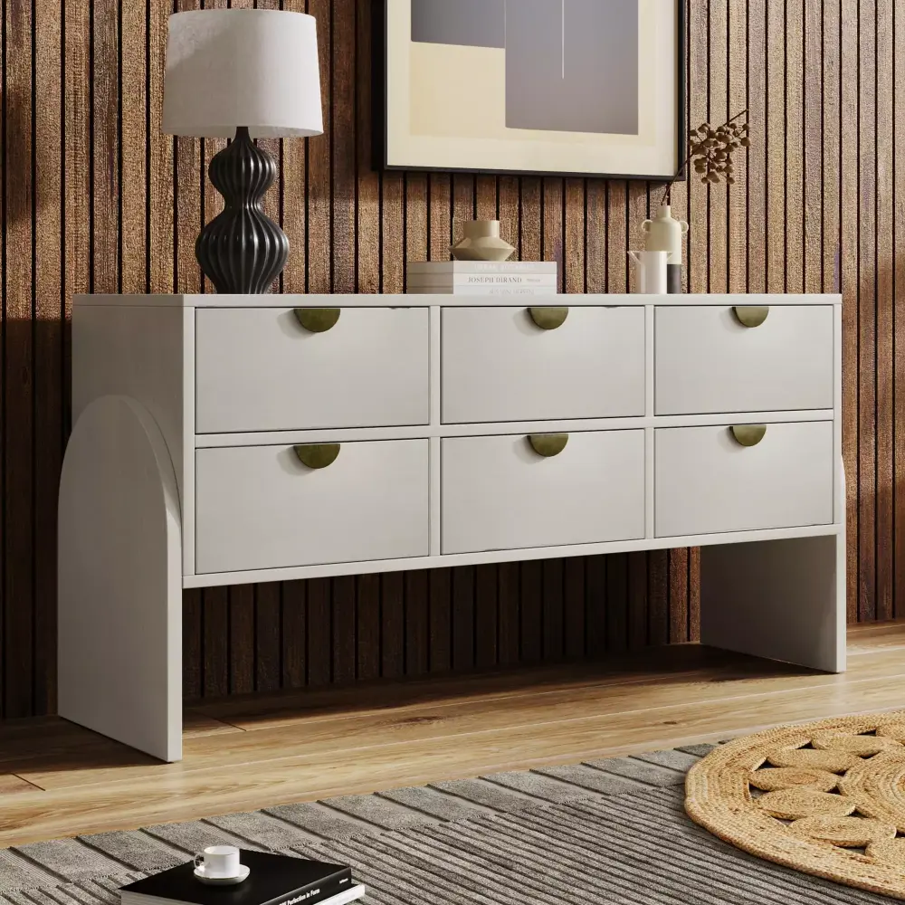 Royard Oaktree 6 Drawer Dresser Modern White Chest with Bronzed Handles as Console Table