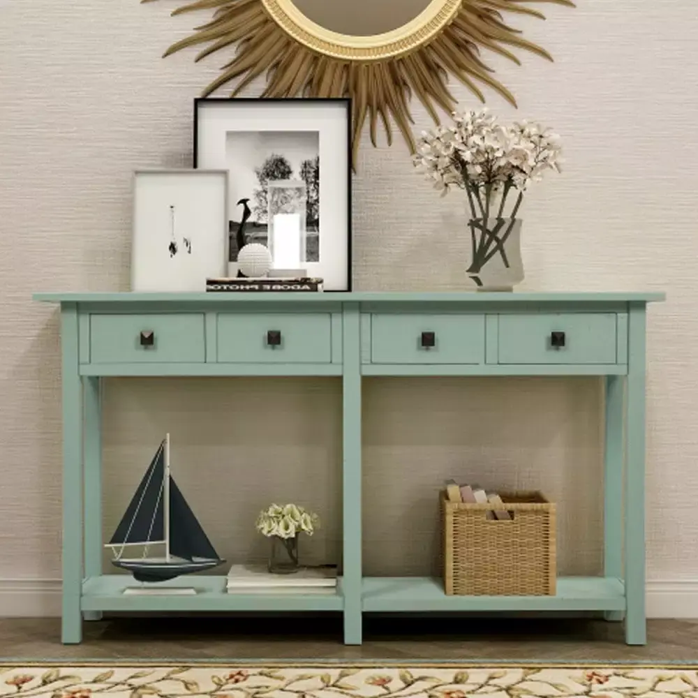 Rustic Brushed Texture Entryway Table with Drawers and Bottom Shelf Tiffany Blue Console Table