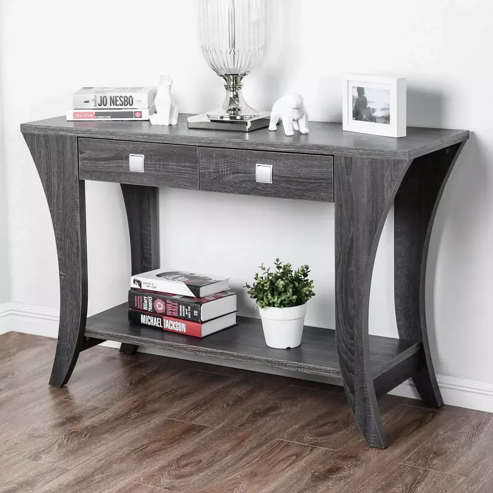 Wooden Sofa Table with Two Drawers in Gray Finish