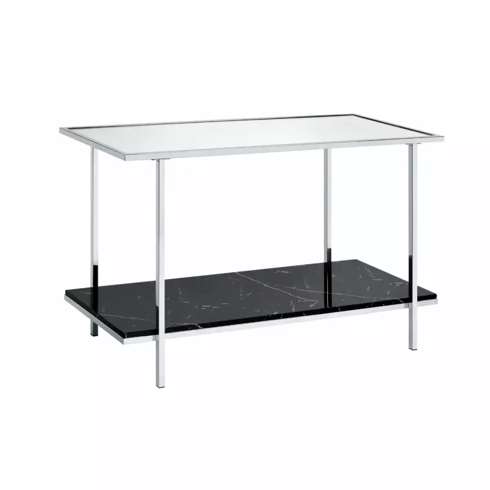Console Table with Mirror Top and Faux Marble Open Bottom Shelf Silver for Living Room Entryway