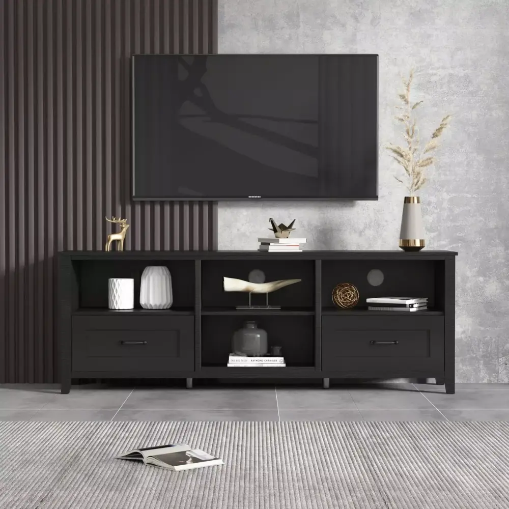 Hommoo 70 Inch Black TV Stand with 2 Drawers and 4 Storage Compartments