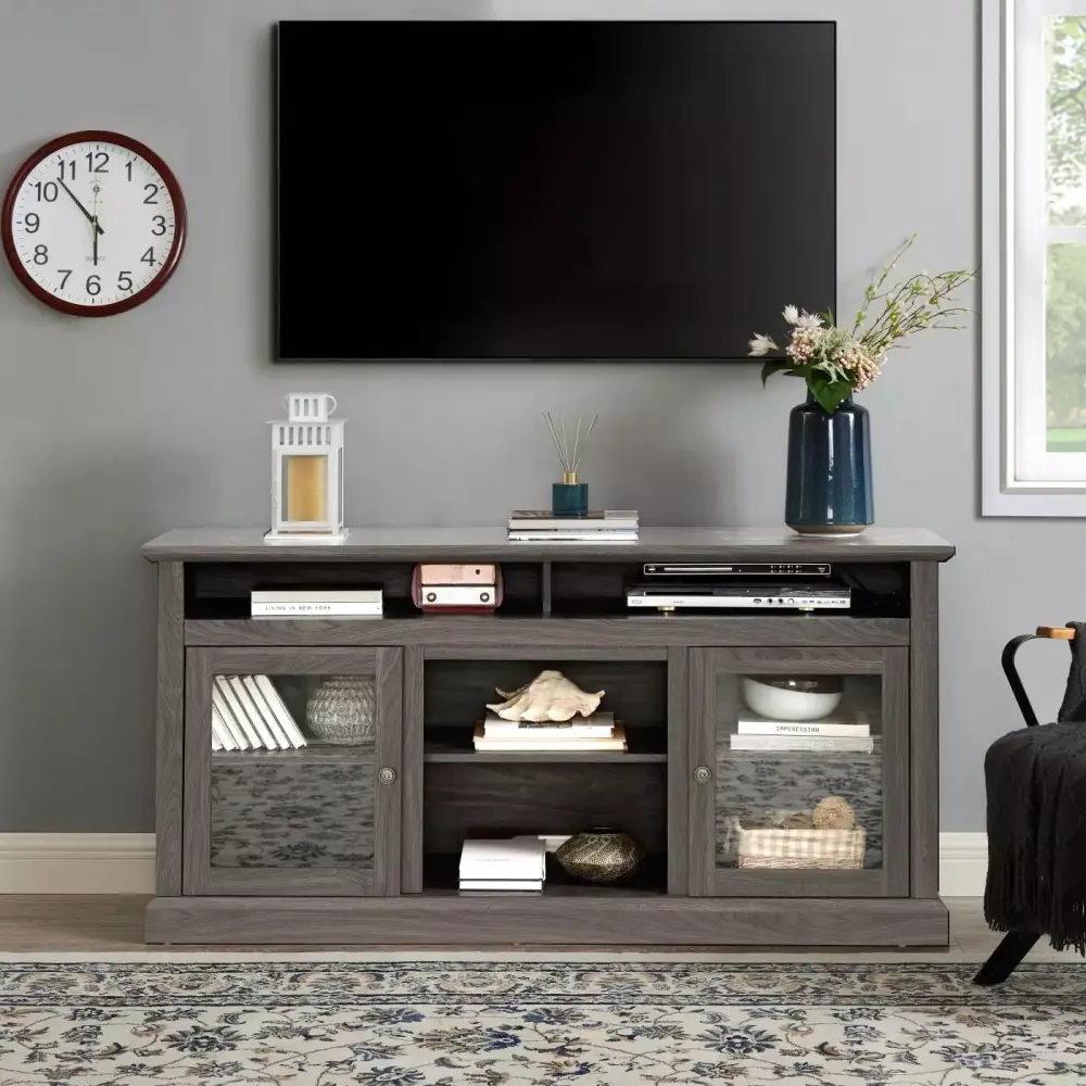 Dark Walnut Entertainment Console Table with Adjustable Shelves and Cable Management for TV Stand Living Room