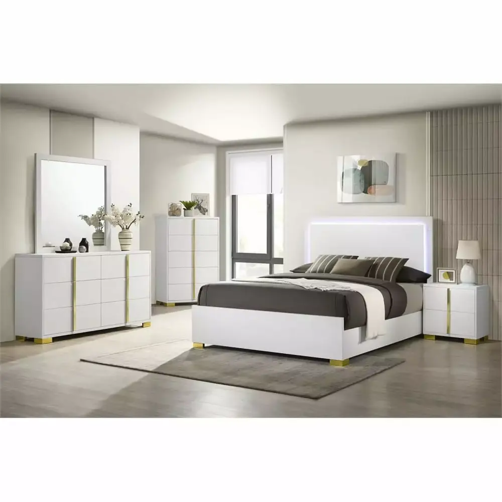 Coaster 4-Piece Contemporary Wood Full Bedroom Set in White and Gold