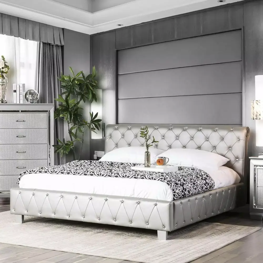 Contemporary Silver Solid Wood Full Bedroom Set 5pcs Juilliard by FOA