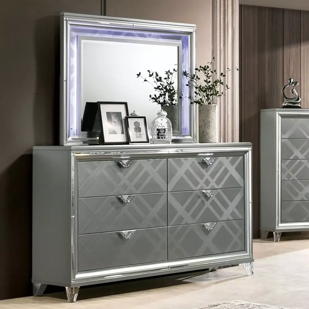 Contemporary Silver California King Bed Set with USB Nightstands 4pc Chrome