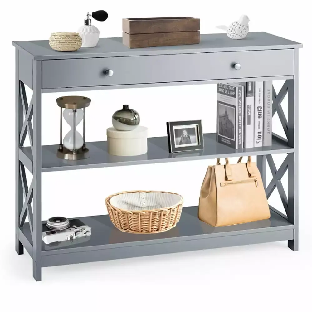 Canddidliike 3-Tier Gray Console Table with Drawer and Storage Shelves
